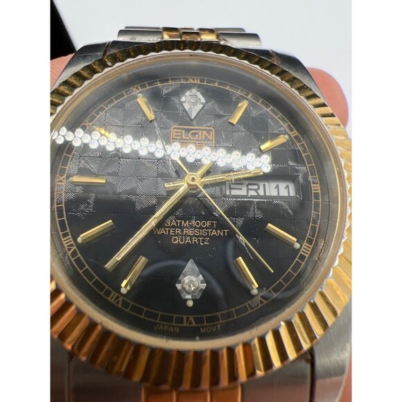 Elgin Mens Stainless Steel & Gold-Tone Watch FC873-017 Quartz Day-Date Black Dia - Picture 7 of 7
